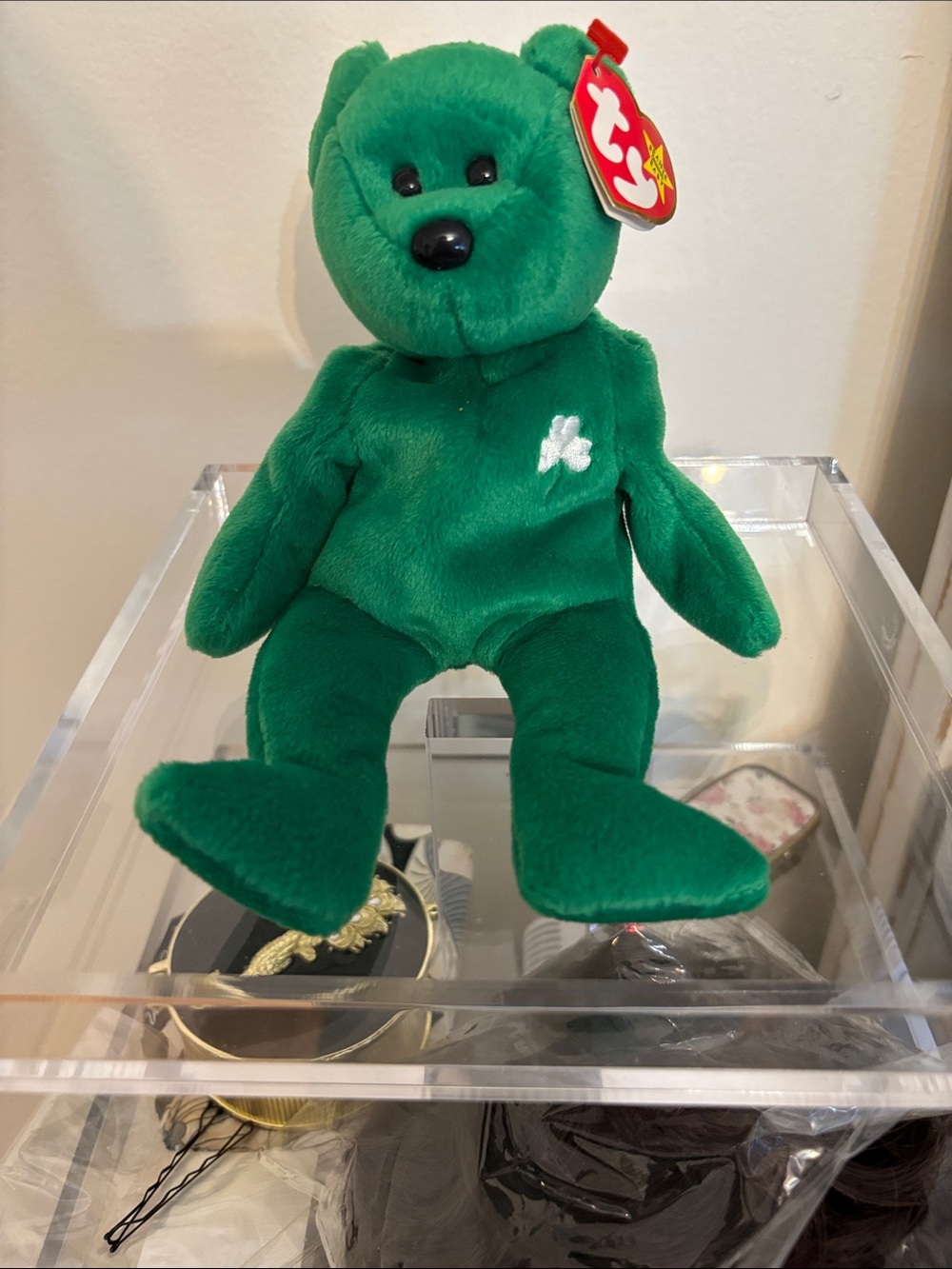 Ty Emerald Green Plush Bear with Clover Stitch - Beanie Style
